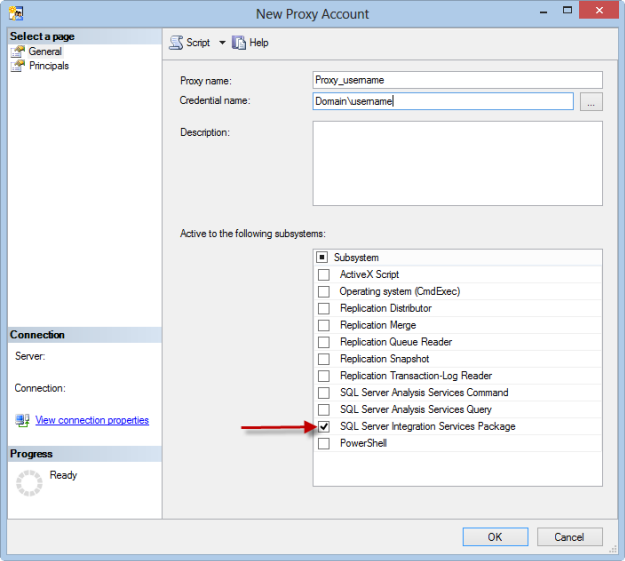 SSMS New Proxy Account Active to the following subsystems example SSMS New Proxy Account Active to the following subsystems example