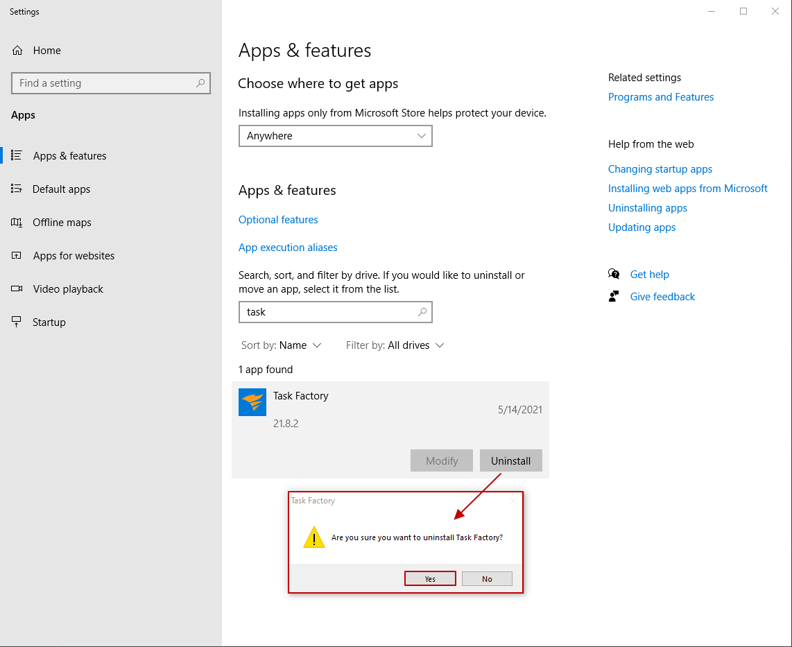 Task Factory confirm uninstall Version 2021.8 Task Factory confirm uninstall