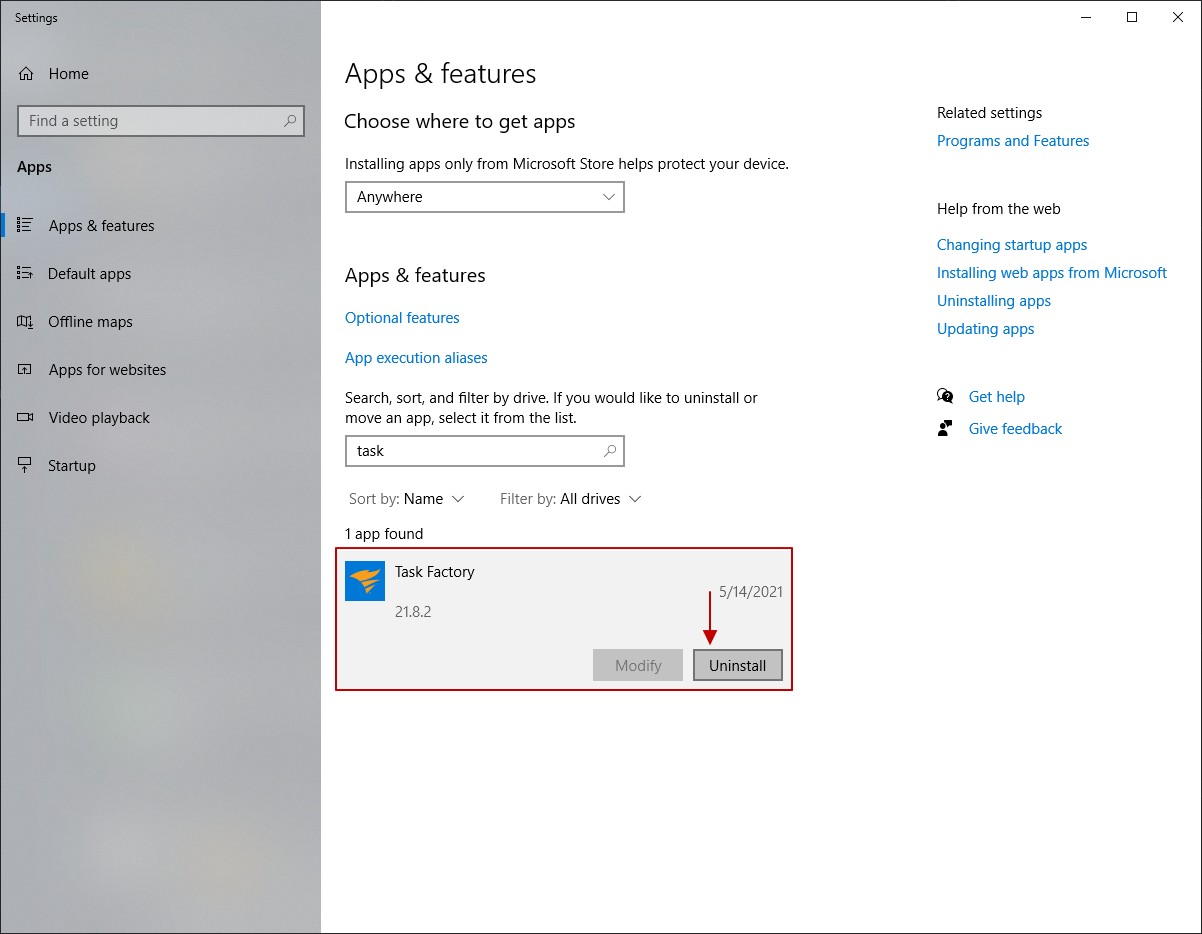 Task Factory Uninstall current version from the Control Panel Version 2021.8 Task Factory Uninstall current version from the Control Panel