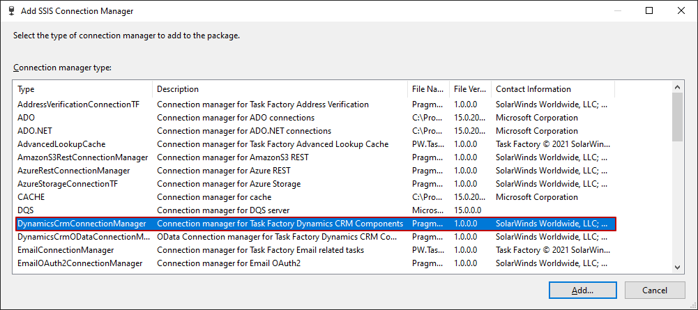 Task Factory SSIS Connection Manager window