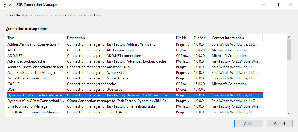 Task Factory SSIS Connection Manager Window Task Factory SSIS Connection Manager window