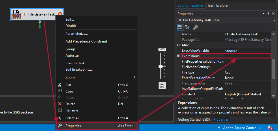 Task Factory File Gateway Task select Properties > Expressions