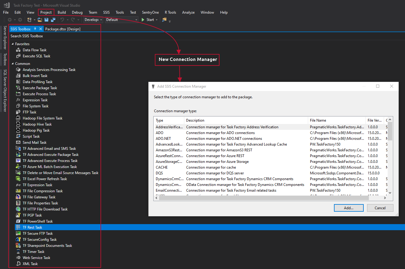 Task Factory in the Visual Studio SSIS Toolbox and SSIS Connection Manager Task Factory in the Visual Studio SSIS Toolbox and SSIS Connection Manager