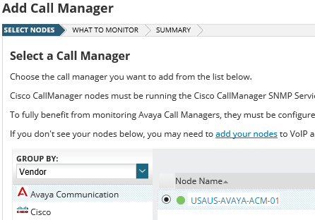 Add a call manager device to SolarWinds VNQM