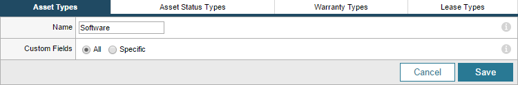 Create asset, status, and warranty types