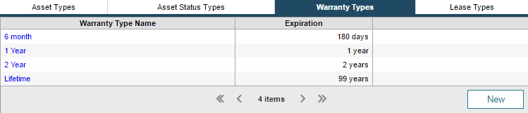 Create asset, status, and warranty types