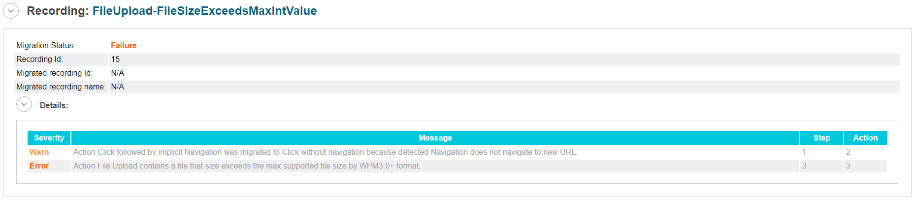 Errors, warnings, and messages for failed recording Errors, warnings, and messages for failed recording