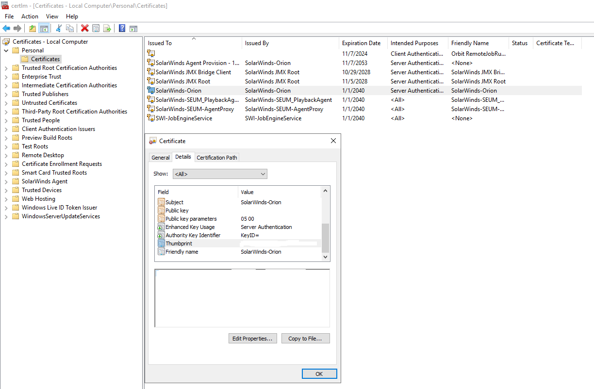 Retrieve the thumbprint of the SSL/TLS certificate from the remote SolarWinds Platform server Retrieve the thumbprint of the SSL/TLS certificate from the remote SolarWinds Platform server
