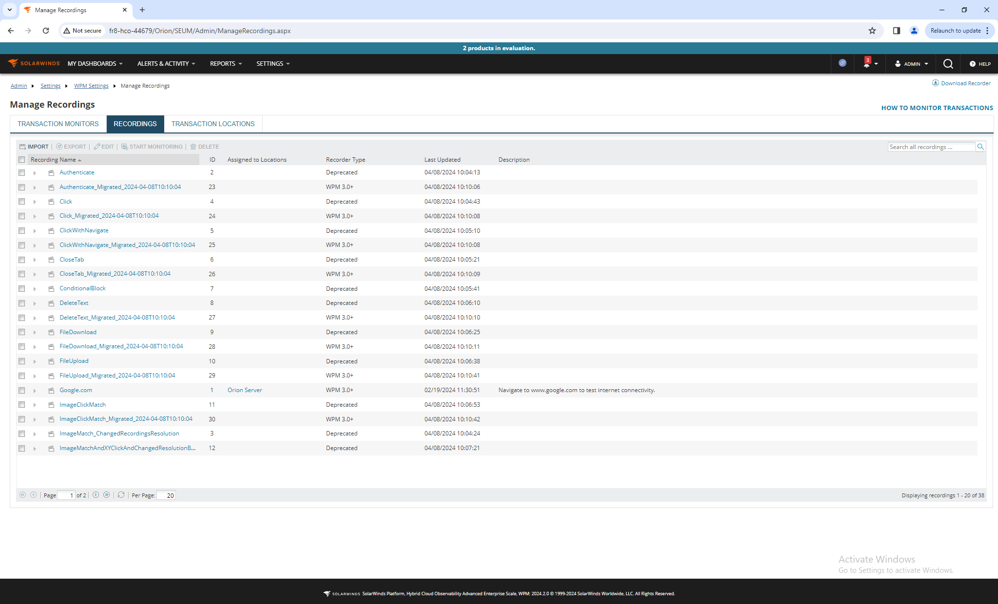 Step 8 - Screenshot of newly created recordings in the SolarWinds Web Console